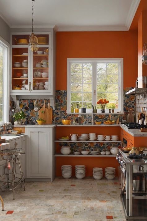 kitchen design, kitchen decor, interior designers, wall painting Red Kitchen Color Scheme, Orange Kitchen Ideas, Kitchen Color Scheme, Color Tile Backsplash, Light Oak Floors, Unique Kitchen Design, Orange Kitchen, Kitchen Colour Schemes, Red Kitchen