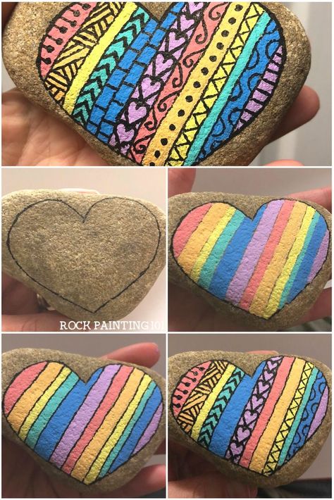 Easy striped heart rock painting idea. This painted rock is great for Mother's Day, Valentine's Day, or any other gift giving holiday. #rockpainting101 #heartrocks #stripes Art Pierre, Painted Rocks Diy, Heart Painting, Kindness Rocks, Rock Painting Designs, Rock Painting Art, Rock A, Art Painting Acrylic, Rock Crafts