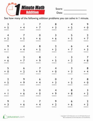 Start the timer and see how many addition problems your kid can solve in one minute. Known as minute math, this exercise is great arithmetic practice. Mad Minute Math, Math Subtraction Worksheets, Math Minutes, Math Multiplication Worksheets, Third Grade Math Worksheets, Math Fact Worksheets, Math Addition Worksheets, First Grade Math Worksheets, Math Drills