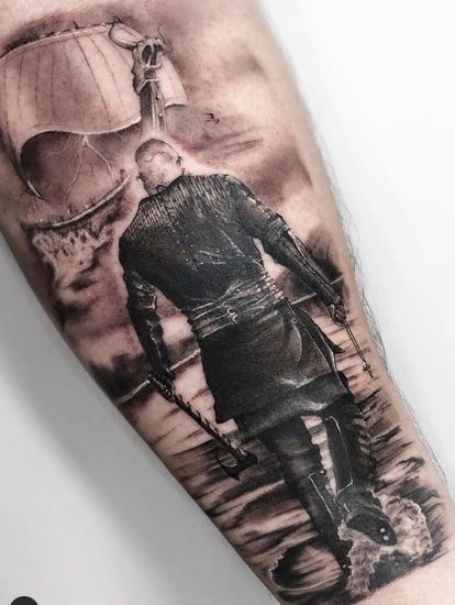 Best 93 Vikings Fan Tattoos - NSF - Music Magazine Ragnar Lothbrok Tattoo, Viking Ship Tattoo, Viking Tattoos For Men, Viking Warrior Tattoos, Scandinavian Tattoo, Left Arm Tattoos, Viking Tattoo Sleeve, Vikings Tattoo, Skull Sleeve Tattoos