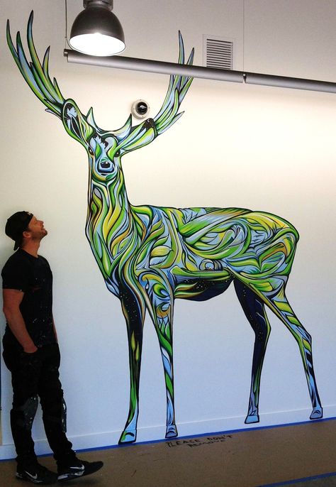 Google HQ Deer, Ian Ross Art Open Floorplan, Garden Mural, Artistic Installation, Creative Workspace, Graffiti Painting, Mural Painting, Street Art Graffiti, Office Wall Art, Mural Art