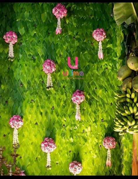 Sreemantham Decoration, Pelli Decoration, Indian Floral Decor, Leaves Backdrop, Leaf Decor Wedding, Indian Decoration, Betel Leaf, Leaves Decoration, Traditional Decoration