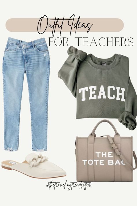 Denim jeans, graphic sweatshirt and flats for fall. Teacher outfit inspo. Teacher Jeans Day Outfit Fall, Teacher Casual Friday Outfit Jeans, Teacher Jeans Day Outfit, Teacher Winter Outfits, Outfit Ideas For Teachers, Back To School Teacher Outfits, Outfit For Teachers, School Teacher Outfit, Preschool Teacher Outfits