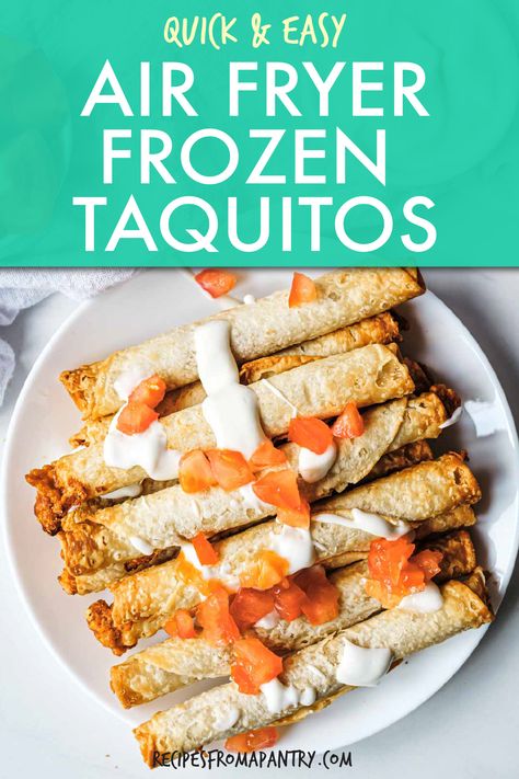 Air Fryer Frozen Taquitos cook up crispy and crunchy in about 5 minutes. Take a little help from the freezer section the next time you need a quick snack or easy meal. Older kids will love cooking frozen taquitos air fryer style, and they are the perfect finger food for after-school snacks, parties, and serving up on game day. Add guacamole or your favorite dip for a full meal. Click through to get this awesome frozen taquito recipe!! #airfryer #kidfriendly #fingerfood #gameday #frozentaquitos Air Fryer Frozen Taquitos, Taquitos Air Fryer, Frozen Taquitos, Taquito Recipe, Sour Cream Ranch Dressing, Taquitos Recipe, Air Fryer Cooking Times, Full Meal Recipes, Quick Snacks