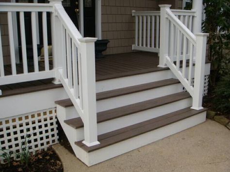 Aluminum Porch Railing, Steps Railing, Porch Details, Porch Step Railing, Deck Stains, Porch Rails, Porch Handrails, Craftsman Porch, Metal Porch