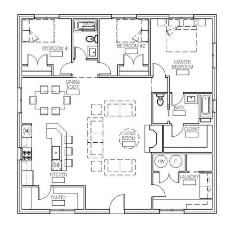 This plan offers a 40x40, 3 bedroom, 2 bath building that can be plopped on any plot of land! Just click, order, and download to obtain the dimension-ed and scaled floor plan & elevations of this little treasure for use on your own property! Perfect for use as a mountain or lake house, beach hut, Cottage Floor Plans, Small House Floor Plans, Barndominium Floor Plans, House Beach, Cottage Plan, Cabin Plans, Cottage House Plans, Architectural Drawings, Hus Inspiration