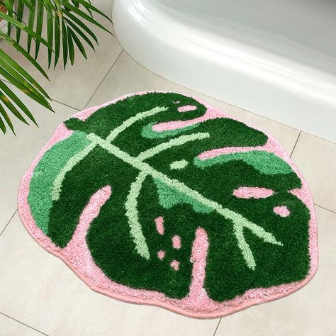 PRICES MAY VARY. 🍃Unique design:Leaf Bathroom Rug That Gives You The Best Tactile Experience! The Green Plant Rug Pattern Makes You Feel Like You are in The Forest, And The Thickened Design is Softer And More Comfortable. The Bright Green and Exquisite Details Will add luster to Your Bathroom and Make Your Steps Feel Friendly and Soft. High-Quality Materials, Comfortable and lovely monstera albo Mats Will Make You Feel Endless Relaxation, Whether During a Busy Working Day or Ieisure Time. Inter Unique Area Rug, Plant Rug Tufting, Forest Themed Bathroom, Apartment Decor Green, Maximalist Bathroom Decor, Leaf Bathroom, Pink Bathroom Rugs, Plant Bathroom, Plant Rug