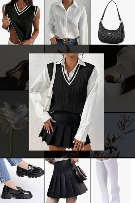 IMPORTANT:The photo linked below may not be the same but the right product has been linked(sorryy😅 there wasnt an option to put the right picture but i can asure you that it is linked to the product given in the post) Full outfit with black sweater vest,black tennis skirt,white oversized shirt,kneehigh socks,black loafers,black shoulder purse.From chic streetwear to elegant evening gowns,explore outfit ideasand fashion tips to elevate your wardrobe Find inspiration for every season and occasion Skirt With Cardigan Outfits, Tennis Skirt Outfit Black, Black Tennis Skirt Outfit, Outfit With Tights, White Oversized Shirt, Black Shoulder Purse, Explore Outfit, Sweater Vest Black, Black Sweater Vest