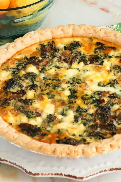 Spinach, Mushroom, Onion Quiche Mushroom Onion Quiche, Impossible Pies, Tomato Quiche, Onion Quiche, Deep Dish Pie, Mushroom Quiche, Dairy Recipes, Easy Quiche, Baked Mushrooms