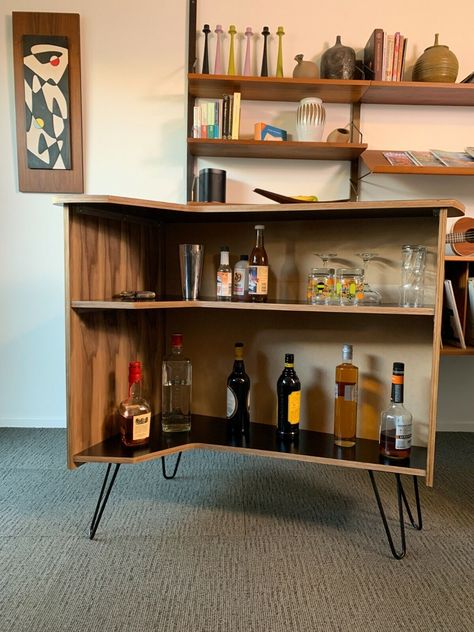 Stand Alone Cabinet, Bar Reception Desk, Mid Century Modern Bar Cart, Boomerang Design, Bar Mid Century, Bar Reception, Modern Wall Sculptures, Mid Century Modern Bar, Bar Shelves