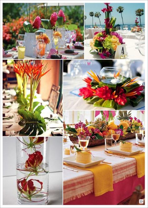 fleur mariage centre de table exotique tropical Tropical Wedding Centerpieces, Tropical Centerpieces, Beach Wedding Decorations Reception, Exotic Wedding, Fiesta Tropical, Caribbean Wedding, Hawaiian Wedding, Flower Centerpieces Wedding, Tropical Party