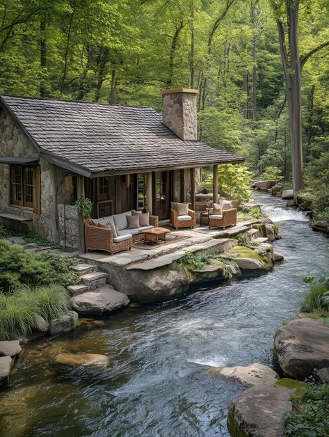 Cozy Cabin In The Woods Interiors, Small Stone Cottage, Mountain Cabins, Mountain Cottage, Cottage Style Homes, Cottage Cabin, Stone Cottage, A Cabin, Tiny House Cabin