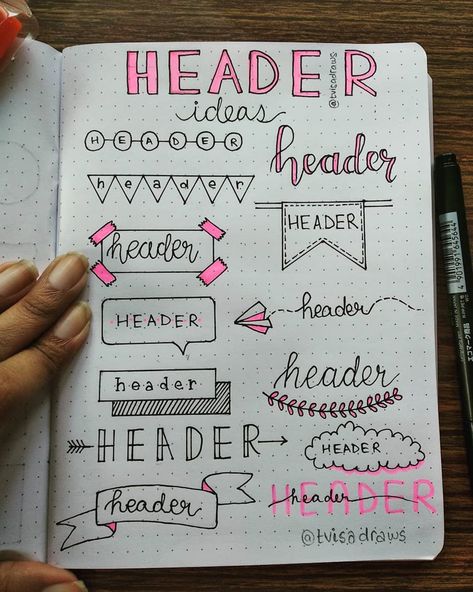 Adding headers or titles to your bullet journal adds a nice touch to your spread. Plus, headers let you know what your page is about as soon as you land on it. Notesbog Design, Diy Kalender, Bullet Journal Headers, Beautiful Dawn, Penanda Buku, Calligraphy Ideas, Title Ideas, Sketch Note, Schrift Design