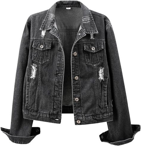 Kedera Womens Denim Jackets Distressed Ripped Long Sleeve Jean Jacket Coats Black Jeans Jacket, Ripped Jacket, Trendy Denim Jacket, Trucker Jacket Women, Frayed Denim Jacket, Long Sleeve Jean Jacket, Black Jean Jacket, Fitted Denim Jacket, Denim Jacket Fashion