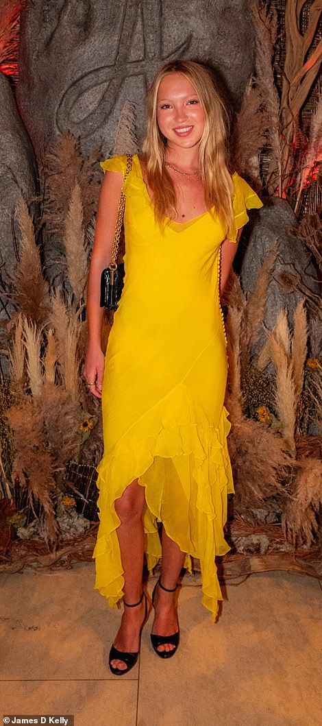 Maya Henry, Summer Solstice Party, Lila Grace Moss, Elegant Backless Dress, Solstice Party, Moss Dress, Bright Yellow Dress, Lila Moss, Printed Halter Dress