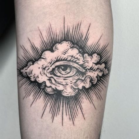 Etching Chest Tattoo, Eye In The Sky Tattoo, Woodcut Eye Tattoo, Angel Tattoo Sternum, Heaven Is For Lovers Tattoo, Medieval Eye Tattoo, Textured Tattoos, Gods Eye Tattoo, Elbow Crease Tattoo Inner