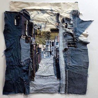 Painting with Denim by Korean artist Choi So Young. #art #collage #denim #indigo #patchwork #recycle #textile #art #texture #patternbank #Korean #artist #jeans #landscapes #painting #fabric #Busan #sumairarqam #photographer #designer #Christie #idea #interiors #recycling #ChoiSoYoung #collage Denim Kunst, India Flint, Artisanats Denim, Denim Art, Denim Projects, Contemporary Textiles, Textile Fiber Art, Fibres Textiles, Design Textile