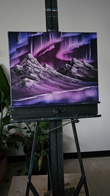 132K views · 17K likes | Kat Mugg on Instagram: "I got a little carried away with the mountains on this one... 😅 . #oilpainting #mountains #landscapepainting #landscape #northernlightspainting #northernlights #auroraborealis #canvaspainting #painting #purple #bobrossstyle #bobross #beautiful" Purple Landscape Painting, Northern Lights Painting, Purple Painting, Painting Purple, Bob Ross Paintings, Nature Art Drawings, Easy Canvas, Easy Canvas Art, Canvas Painting Landscape