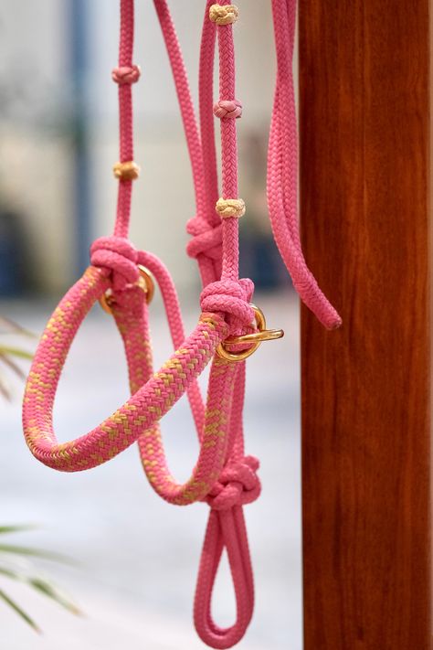 This halter was carefully designed by myself here at Wild Rider with the help of expert Horseman Justin Lamb. The halter features a sliding chin strap to help guide your horse when riding. (this will be the same as whatever overlay colour you choose). An overlay across the nose has been added to give comfort to the horse. (pink halter has beads added to the sides, these are extra which can be added here) Horse Rope Halter, Bridle Bits, Paracord Ideas, Pet Project, Diy Horse, Horse Halter, Rope Halter, Round Pen, Horse Diy