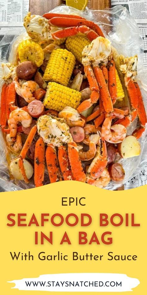 This epic seafood boil in a bag with garlic butter sauce is  is packed with shrimp, crab, sausage, and more. This seafood boil is something you would order at a fancy restaurant, but you can make it at home. This dish brings all the delicious flavors of a traditional boil with the convenience of a cooking bag. Best Seafood Boil Recipes In Bag, Oven Crab Boil, Seafood In A Bag Recipes, Seafood Boil Bag Recipes, Crab Boil In A Bag Recipe, Seafood Boil Recipes In A Bag, Crockpot Seafood Boil, Crab And Shrimp Boil, Garlic Butter Seafood Boil