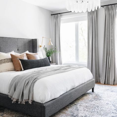 King Bed Gray Headboard, Grey Bed Frame Wood Furniture, Grey Bed Frame Master Bedrooms, Dark Grey Bed With White Nightstands, Dark Gray Furniture Bedroom, Grey Headboard Guest Bedroom, Gray Walls Black Furniture Bedroom, Bedroom Inspirations Dark Grey Headboard, Grey Fabric Bed Bedroom