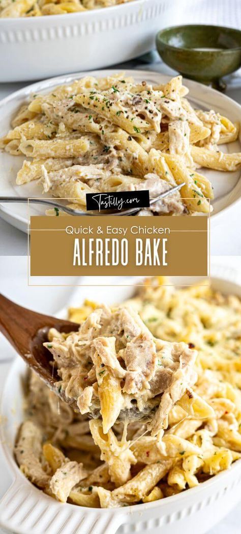 Quick+&+Easy+Chicken+Alfredo+Bake+via+@tastillyb Fast Easy Casserole Dinners, Easy Casserole Dinners, Easy Chicken Alfredo Bake, Easy Chicken Alfredo Recipe, Simple Chicken Alfredo Recipe, Easy Chicken Alfredo, Casserole Dinners, Easy Alfredo, Easy Honey Garlic Chicken