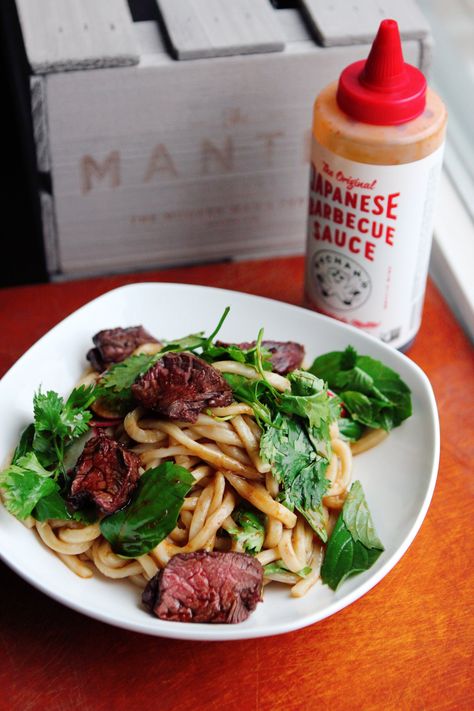 Japanese Barbecue Steak & Udon Salad - Mantry Inc. Bachan’s Japanese Bbq Sauce Recipes, Bachan's Japanese Barbecue Sauce Recipes, Bachan's Japanese Barbecue Sauce, Udon Salad, Barbque Sauce, Japanese Barbecue Sauce Recipes, Udon Recipes, Bbq Bowl, Japanese Bbq Sauce