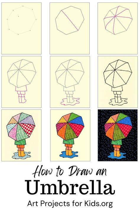 How To Draw An Umbrella, Easy Spring Drawings, How To Draw Easy Step By Step, Under Umbrella Drawing, Spring Drawing Easy, How To Draw, Drawing Umbrella, Umbrella Tutorial, Rainy Day Art