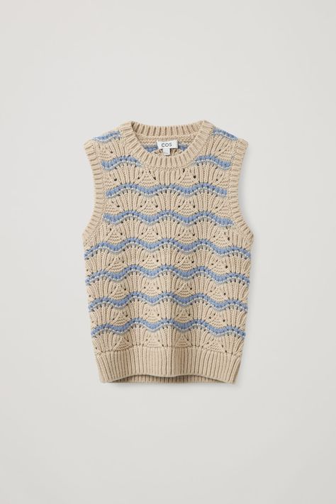 Woven from a cream and blue wool-blend, this pointelle-knit vest features a striped, scallop-detail pattern and is finished with ribbed trims. - Regular fit- Round neck88% Wool, 12% Mohair / Dry clean onlyBack length of size S is 23" Pant Trousers Women, Light Blue Top, Beige Light, Cut Sweatshirts, Looks Chic, 여자 패션, Knitwear Cardigan, Blue Wool, Knit Vest