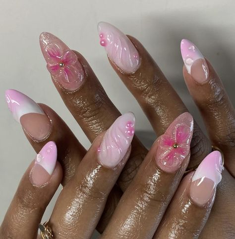 Nails Europe Summer, Tropical Almond Nails, Beach Flower Nails, Wwe Nails, Pink 3d Nails, Pink Nails With Bow, Europe Summer Nails, Koi Fish Nails, Bali Nails