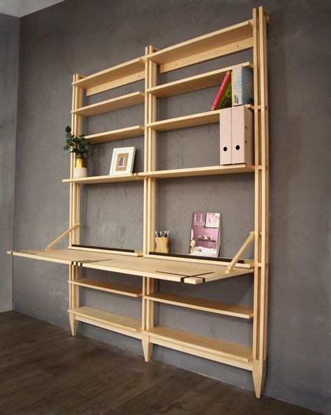 Space Saving Wooden Furniture, Folding Down Desk, Shelving And Desk, Large Folding Desk, Pull Down Desk From Wall, Fold Out Wall Desk, Tiny House Desk Ideas, Desk That Folds Into Wall, Fold Out Desk From Wall