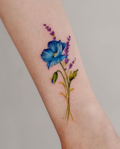 Blue Flower Tattoos, Flower Tattoo Stencils, Realistic Flower Tattoo, Poppy Flower Tattoo, Tattoo Over Scar, Cute Matching Tattoos, Yarrow Flower, Tattoo For Boyfriend, Tattoos Quotes