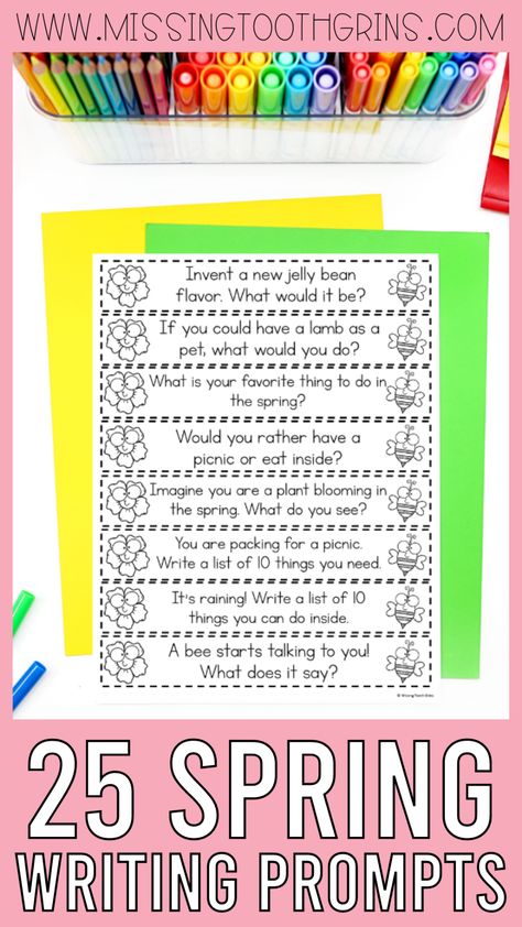 Make writing fun this Spring with 25 free writing prompts for first and second grade! These Spring themed writing prompts are fun and easy for early elementary students. Use them for literacy centers or for a quick writing activity in your classroom. These writing ideas will help encourage creativity and independence in writing. Add these activities to your literacy plans today! As a bonus, get FREE writing prompts for all four seasons! Learn more here! April Writing Prompts First Grade, First Grade Writing Prompts, April Writing Prompts, Spring Writing Activity, Printable Writing Prompts, April Writing, Spring Writing Prompts, Free Writing Prompts, Writing Center Activities