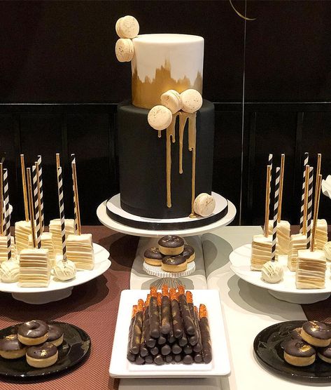 Dessert Table Ideas Black And Gold, Black White Gold Dessert Table, Black Tie Food Ideas, Black And Gold Treat Table Ideas, Black And Gold Desert Bar, Dessert Table Black And Gold, Luxury Dessert Table, Black And Gold Cake Table, White Gold Black Cake