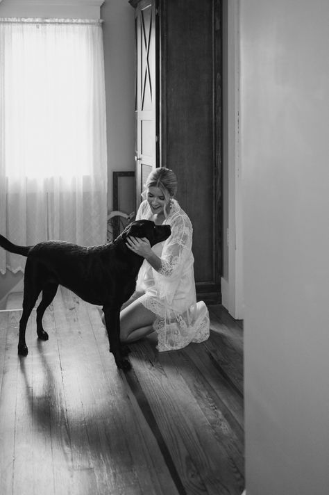 Shot this moment of the bride in a timeless black and white documentary style photo! A very heartwarming photo between the bride and dog made for a great wedding photos! Dog In The Wedding, Wedding Photos With Pets, Wedding With Dog Ideas, Bridal Portraits With Dog, Bride And Dog Wedding Photos, Dog Incorporated In Wedding, Bride And Dog, Dog Wedding Ideas, Dog At Wedding