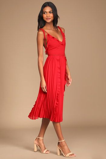 Never a dull - Lulus Search Pleated Dress Midi, Never A Dull Moment, Red Summer Dresses, Fall Wedding Guest Dress, Chiffon Midi Dress, Ruffled Neckline, Red Tie, Darling Dress, Pleated Midi Dress