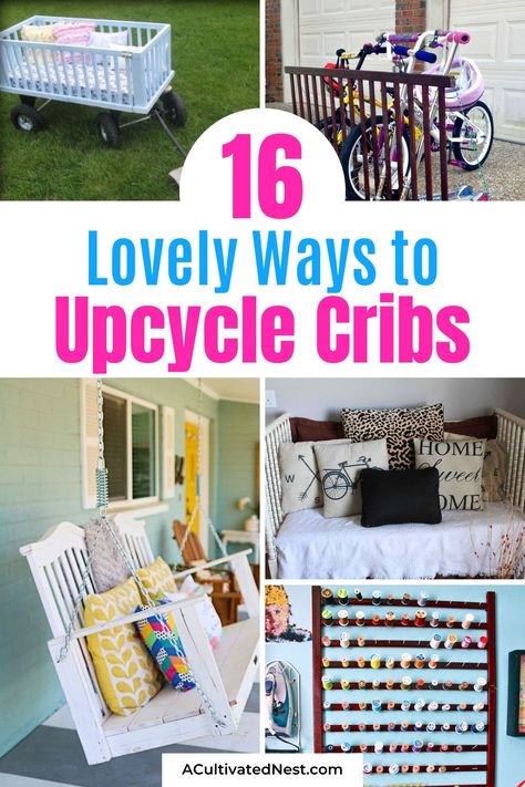 16 Clever Crib Upcycles- Don't let your baby's outgrown crib gather dust! Dive into our collection of ingenious crib upcycle projects that will breathe new life into your old furniture. Save for later and get ready to transform your nursery staple into treasures!| #UpcyclingIdeas #HomeDIY #upcycle #DIY #ACultivatedNest Upcycle Crib Mattress, Upcycle Crib, Crib Makeover, Repurposed Crib, Upcycle Frames, Coffee Table Upcycle, Antique Crib, Crib Ideas, Old Cribs