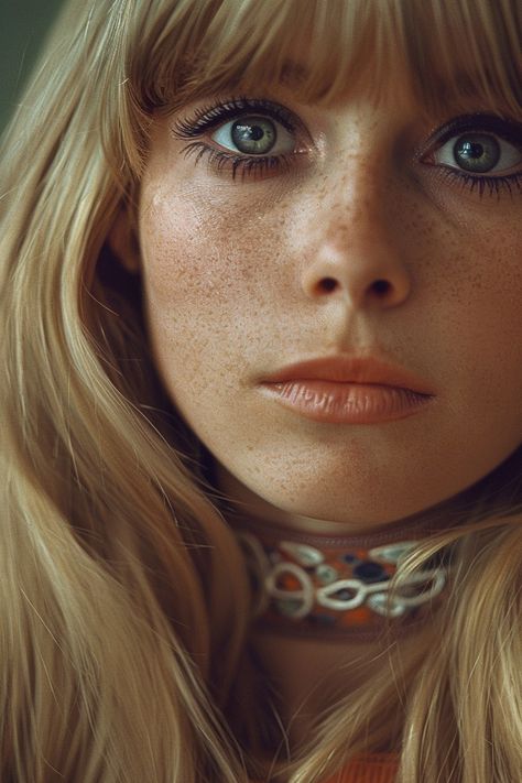 Her big eyes, 1970s 70s Bridal Makeup, 70s Makeup Aesthetic, 60s Hippie Makeup, 70s Makeup Hippie, 1960 Makeup, 70s Eye Makeup, 70’s Makeup, 70s Hair And Makeup, 1970s Makeup