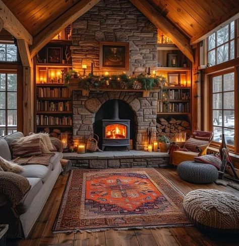 Cozy Reading Chair, Modern Log Cabins, Log Cabin Interior, Log Home Interiors, Home Bar Rooms, Log Cabin Ideas, Chair Ideas, Cabin Interiors, Modern Farmhouse Living Room