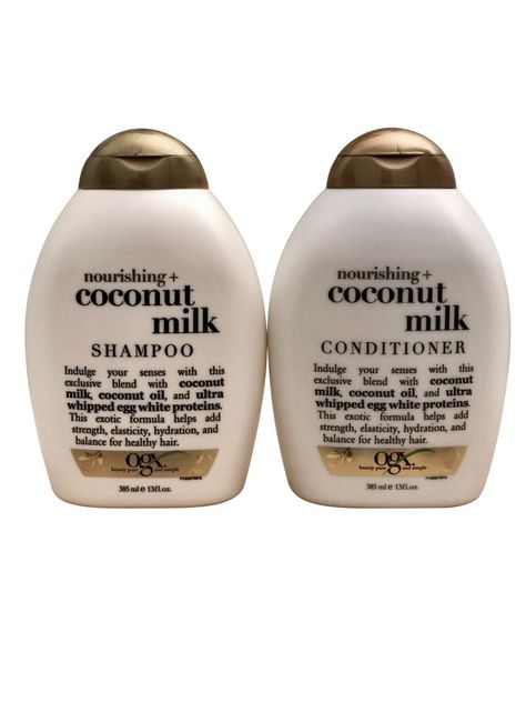 OGX Nourishing + Coconut Milk Shampoo & Conditioner is an ultra-rich repairing blend with coconut oil. This ultra-nourishing and rejuvenating blend calms frizz and tames flyaways, leaving hair with a silky soft bounce and shine. Contains Coconut Oil, Essence of tiare and vanilla bean extract. Leaves hair feeling nourished and silky smooth. Apply OGX Shampoo generously to wet hair, massage into a lather through to ends, then rinse the hair thoroughly. After shampooing, follow with OGX Conditioner Coconut Milk Shampoo And Conditioner, Coconut Skin Care Products, Coconut Shampoo And Conditioner, Ogx Conditioner, Coconut Milk Hair, Ogx Coconut Milk, Good Shampoo, Ogx Shampoo, Best Conditioner