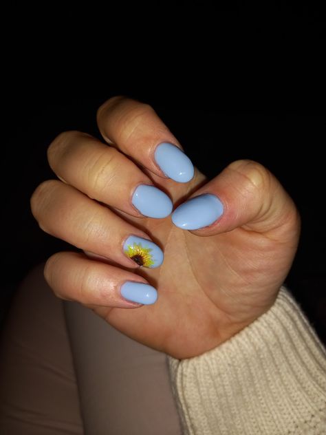 Blue Nails With Yellow Flowers, Blue Nails With Sunflower, Blue Sunflower Nails, Ukraine Nails, Blue Pedicure, Baby Shower Nails, Dandelion Yellow, Baby Blue Nails, Sunflower Nails