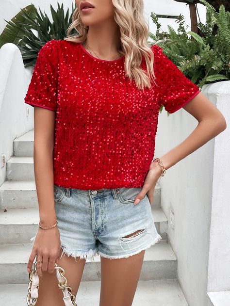 Sequin Decor Keyhole Back Blouse Red Sequin Shirt, Uga Gameday, Business Casual Minimalist, Movie Outfits, Preppy Prom, Trendy Business Casual, Business Formal Dress, Coachella Dress, Sequin Decor