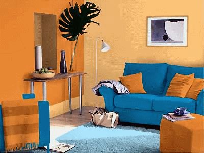 A direct complementary color scheme has opposite hues on the color wheel. This results in great contrast. Dulux Colour Schemes, Blue And Orange Living Room, Hallway Colour Schemes, Split Complementary Color Scheme, Blue Couch Living Room, Interior Design Classes, Split Complementary Colors, Orange Rooms, Simple Home Decoration