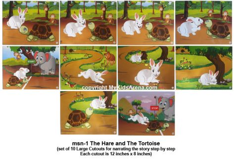 Play school hare and tortoise story Story For Preschoolers, Story Sequencing Pictures, Hare And Tortoise, Tortoise Pictures, Rabbit And Tortoise, Picture Story Writing, Good Habits For Kids, Picture Story For Kids, Small Stories For Kids