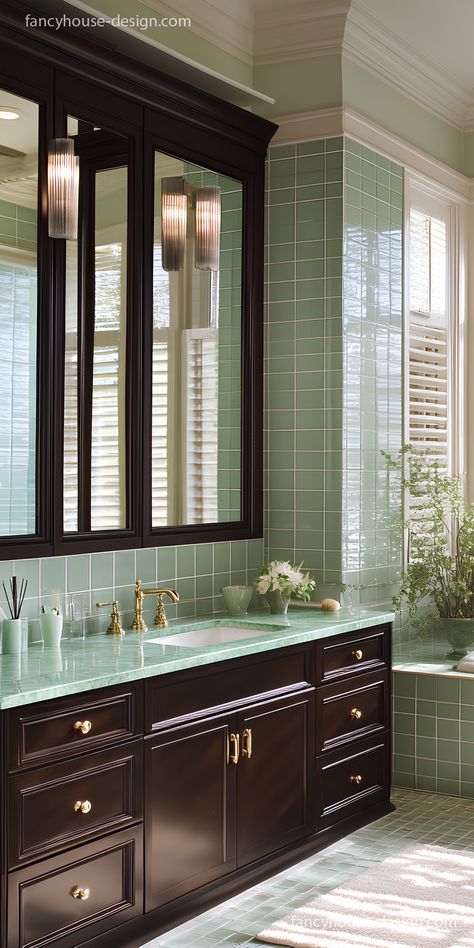 The serene bathroom pairs earthy hues with soft, trendy colors for a soothing yet fresh look that feels updated. Dark Brown Cabinets Bathroom, Brown Cabinets Bathroom, Light Green Tile, Trendy Color Combinations, Inviting Bathroom, Dark Brown Cabinets, Serene Bathroom, Dark Wood Cabinets, Earthy Hues