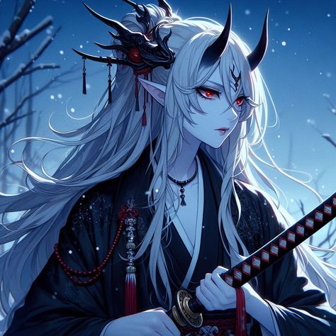 Female Oni, Oni Girl, Demon Queen, Yuki Onna, Oni Demon, Ancient Chinese Art, Queen Art, White Hair, Fantasy Character Design