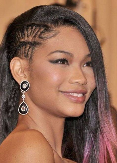 Chanel Iman braided asymmetric downdo Hairstyles For Black Women Straight, Braided Mohawk Hairstyles, Side Braid Hairstyles, Mohawk Braid, Straight Hair Cuts, American Hairstyles, Micro Braids, Hair Styles 2014, Solange Knowles