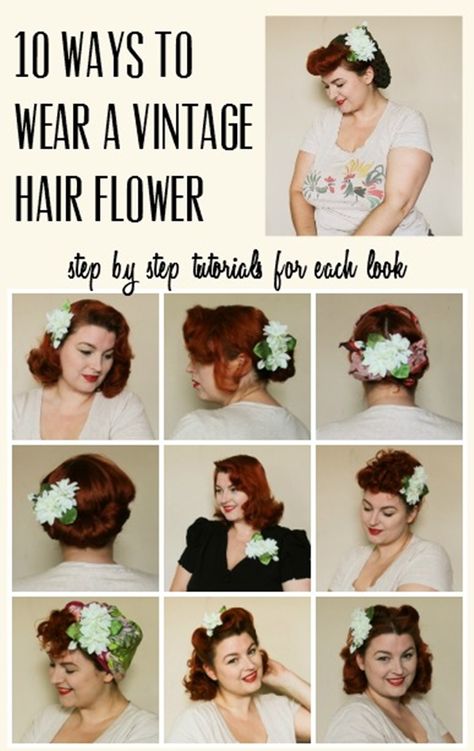 10 ways to wear a vintage hair flower with flowers by Chatter Blossom Cabelo Pin Up, Wedding Hairdos, Mode Rockabilly, Retro Hairstyles Tutorial, Retro Updo, Pinup Hair, Vintage Hairstyles Tutorial, 10 Ways To Wear, Victory Rolls