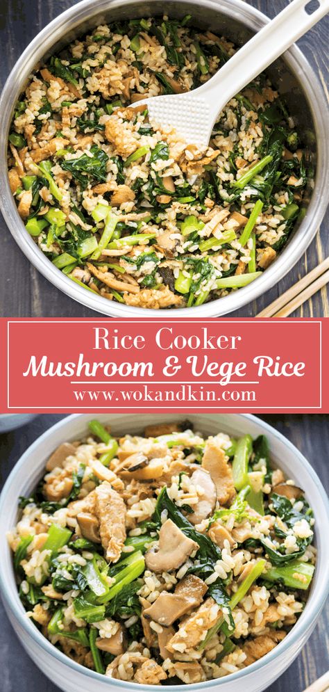 Rice Cooker Rice with Mushrooms and Chinese Broccoli turns everyday ingredients into a one pot dish. Clear out the fridge using your favorite toppings! #ricecookerrice #vegetarianrice #veganrice Rice Cooker Meals Vegetarian, Rice Cooker Vegan Recipes, Vegetarian Rice Cooker Recipes, Easy Rice Cooker Meals, Chicken Rice Cooker Recipes, Rice Cooker One Pot Meals, Vegan Rice Cooker Recipes, Healthy Rice Cooker Recipes, Rice Cooker Meals Recipes