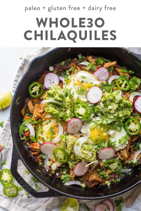 These Whole30 chilaquiles are one of our favorite Whole30 Mexican recipes. With sweet potatoes, carnitas or chicken, and plenty of toppings, these Whole30 chilaquiles are flavorful and easy to make. Bound to become one of your favorite Whole30 Mexican recipes! #whole30 #dairyfree Recipes With Sweet Potatoes, Mexican Potatoes, Potatoes Recipes, Recipes Sweet, Paleo Whole 30, Idee Pasto Sano, Mexican Recipes, Healthy Eating Tips, Whole 30 Recipes